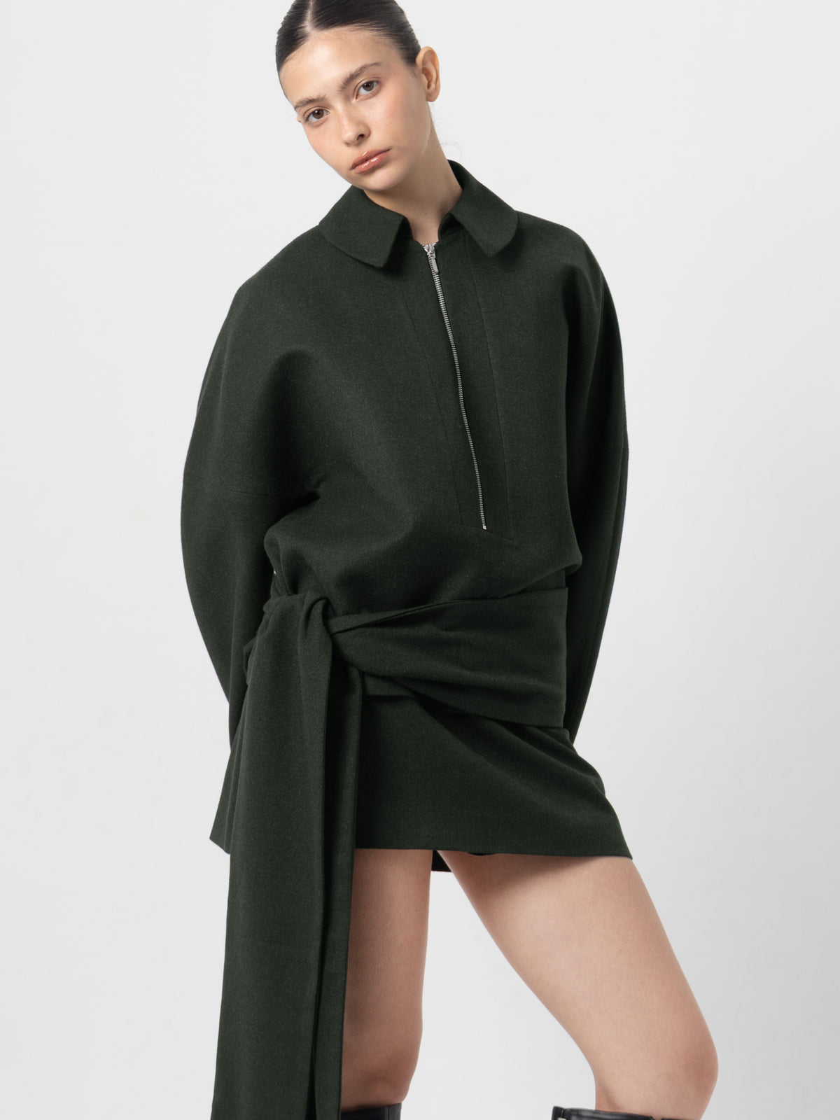 Slate Green Zip-Up Wool Top With Waist Tie