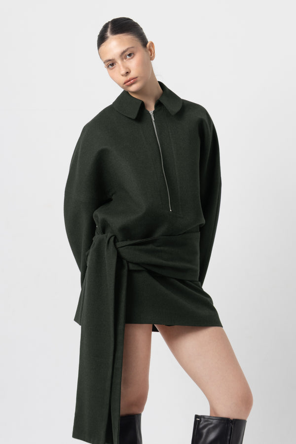 Slate Green Zip-Up Wool Top With Waist Tie