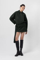 Slate Green Zip-Up Wool Top With Waist Tie