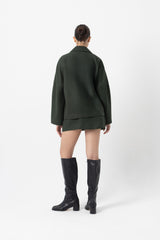 Slate Green Zip-Up Wool Top With Waist Tie