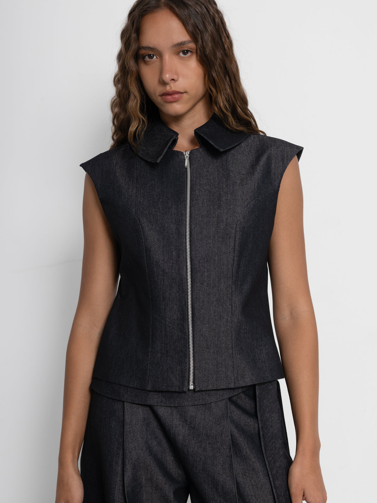 Wide Collar Grey Denim Vest