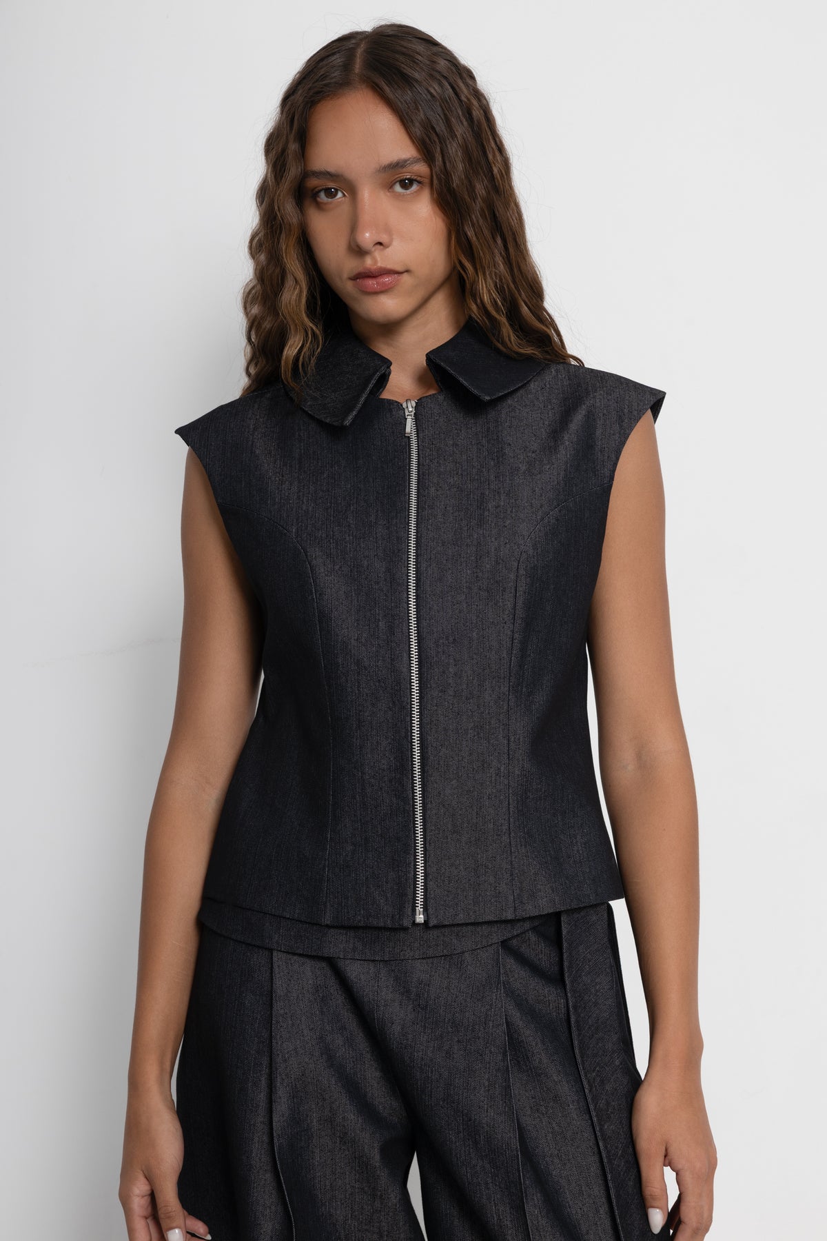 Wide Collar Grey Denim Vest