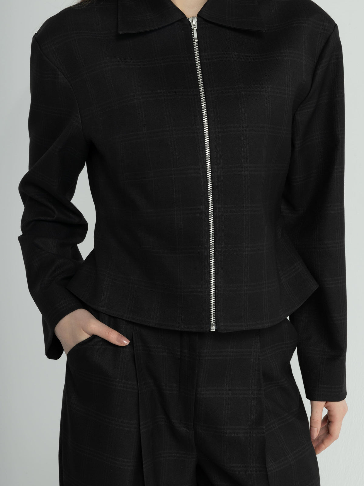Black Checkered Zip Up Jacket