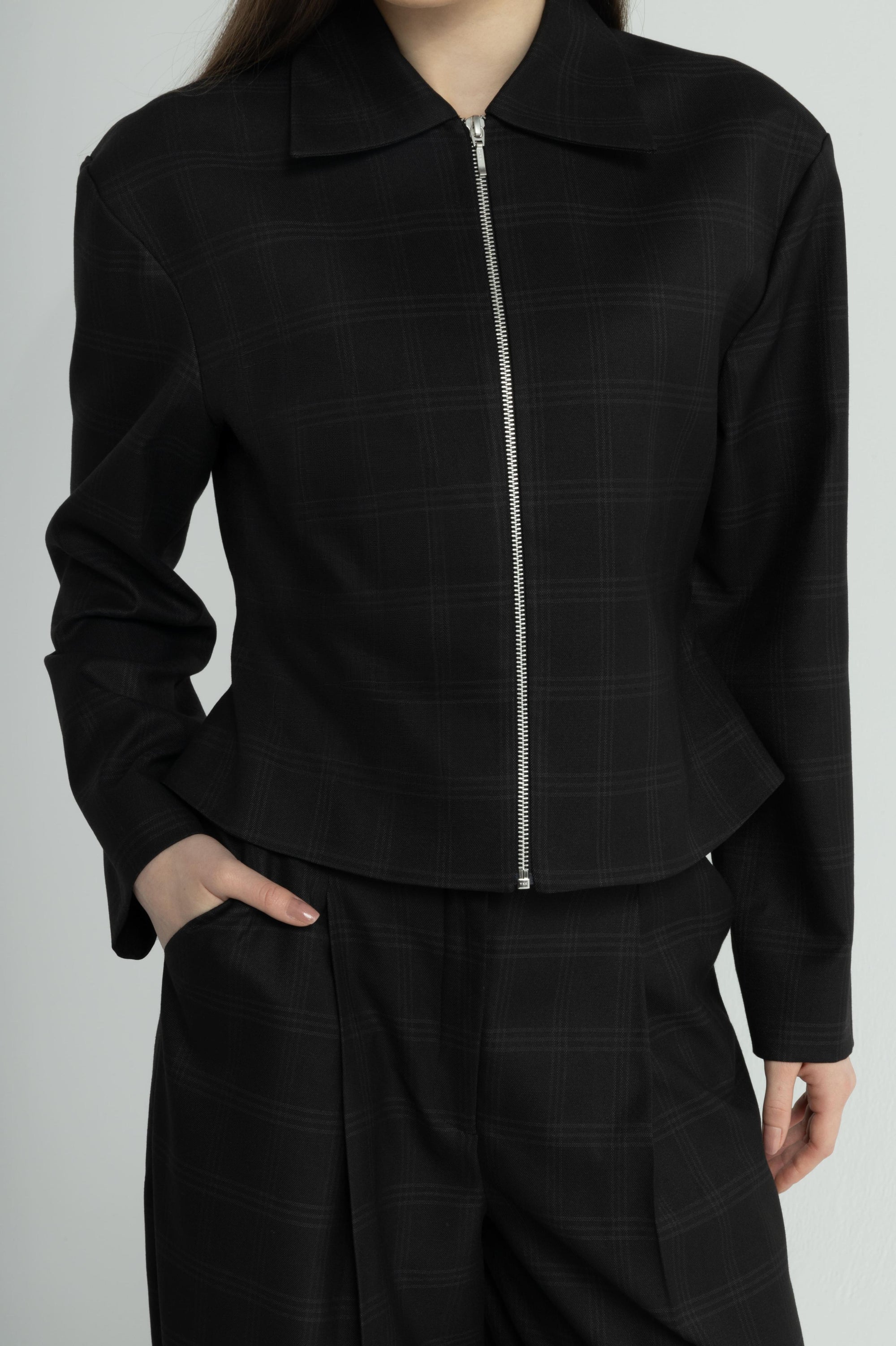 Black Checkered Zip Up Jacket