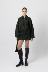 Slate Green Zip-Up Wool Top With Waist Tie