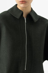 Slate Green Zip-Up Wool Top With Waist Tie