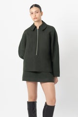 Slate Green Zip-Up Wool Top With Waist Tie